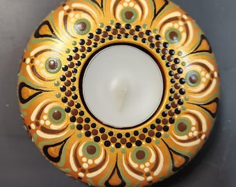 Handbemalte Dot Mandala Teelichthalter - Gold & Schwarz