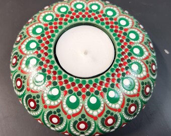 Handbemalte Dot Mandala Teelichthalter - Grün, Rot & Weiß