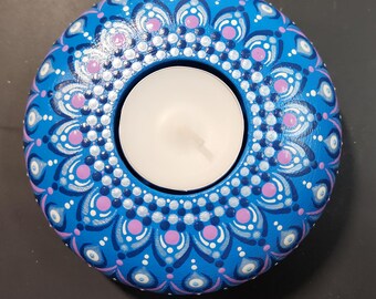 Handbemalte Dot Mandala Teelichthalter - Blau & Lila
