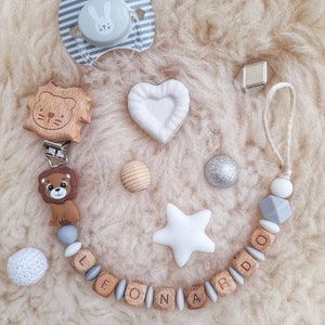 Spedizione Gratuita, Catenella portaciuccio con Nome, Catenella portaciuccio personalizzata &quot;Leone&quot;, Lettere Legno o Silicone