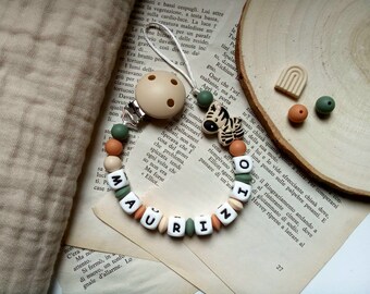 Gratis verzending, speenketting met naam, Anche Lettere Legno, Portaciuccio Personalizzato Zebra