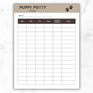 May include: Printable puppy potty training tracker with columns for date, time, pee, poop, indoors or outdoors, and notes.