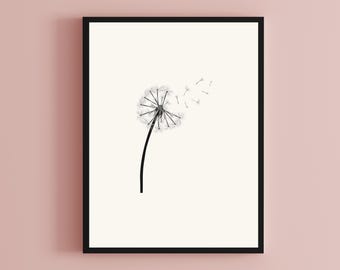 May include: A black and white illustration of a dandelion with seeds blowing in the wind.