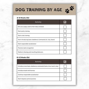 May include: A dog training checklist titled "DOG TRAINING BY AGE" with a tan header and paw prints. The checklist is divided into sections for 8-10 and 10-12 week old puppies, listing activities like potty training and obedience commands. Checkboxes are provided.