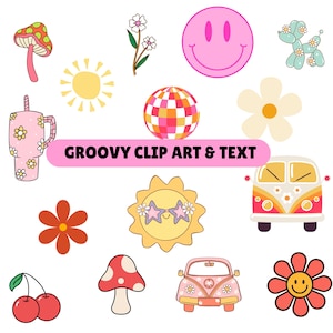 Groovy Funky 70s Clip Art & Text File | Retro Fun Sticker Scrapbook Party | Natychmiastowy do pobrania pakiet 50 sztuk | Formaty PNG, JPG, SVG