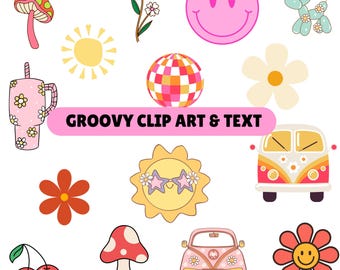 70s Retro Clip Art Bundle: Groovy Stickers, PNG SVG JPG (Digital Download)