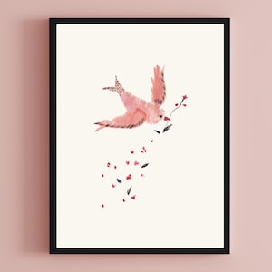 Pink Bird Art Print: Elegant Floral Nature Wall Decor (Digital Download)