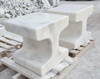 White Marble Side Table: I-Beam Plinth, Afyon Turkey Marble