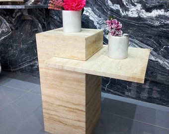 Modern Travertine Coffee Table: Cantilever Side Table, Bohemian Decor