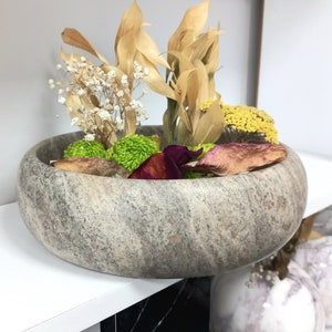 Bronze-Silver Travertine Bowl: Round Stone Fruit Bowl, Home Decor