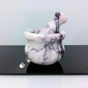 Mörser und Stößel aus natürlichem Marmor, 10 cm breit, violett-rosa-weißer türkischer Marmor, Küchen- und Wohngeschenke, Geschenke für sie
