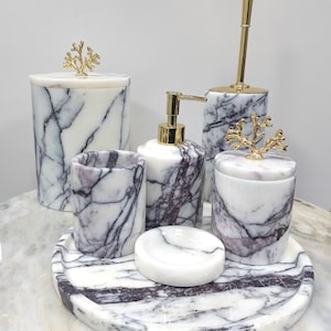 Natural marble bathroom set, 7 pieces, Lilac-White marble bath set, home gift, gifts for her