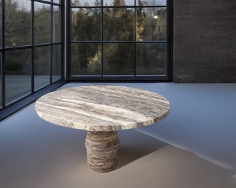Silver Travertine Circular Table: Large Round Stone Pedestal