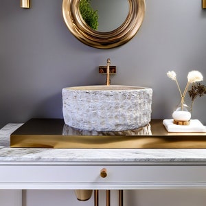 Light Beige Travertine Sink: Textured Cylindrical Wash Basin