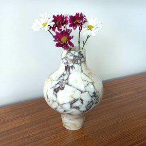 10" (25 cm) Natural Calacatta Viola marble vase, large round vase, potbelly vase with matt&shiny finish, gifts for her