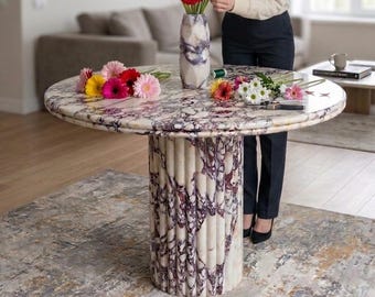 Fluted Calacatta Viola Dining Table: Pedestal Round Table