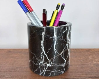 Alexandrette Black Veined Marble Pen Holder: Desk Organizer
