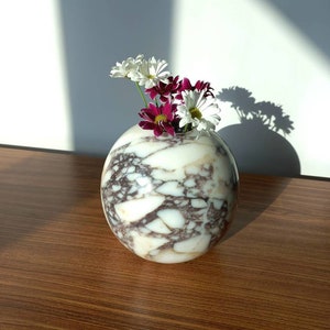 Spherical Marble Vase: Calacatta Viola Stone, Handmade Home Decor