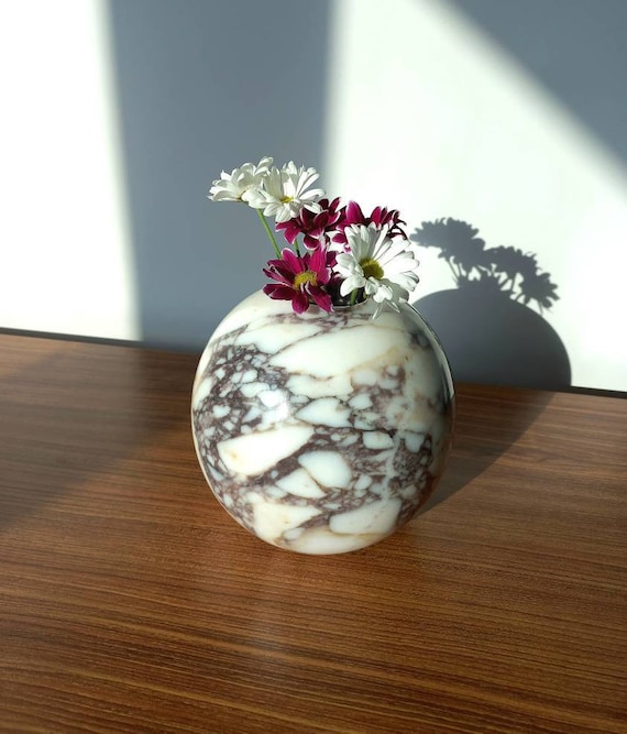 Spherical Marble Vase: Calacatta Viola Stone, Handmade Home Decor