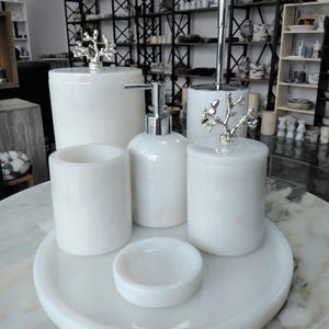 Handmade White Marble Bathroom Set: 7-Piece Elegant Home Decor