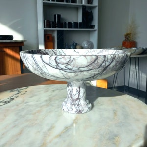 Large Lilac-White Marble Serving Bowl: Footed Pedestal Platter (12 inch)