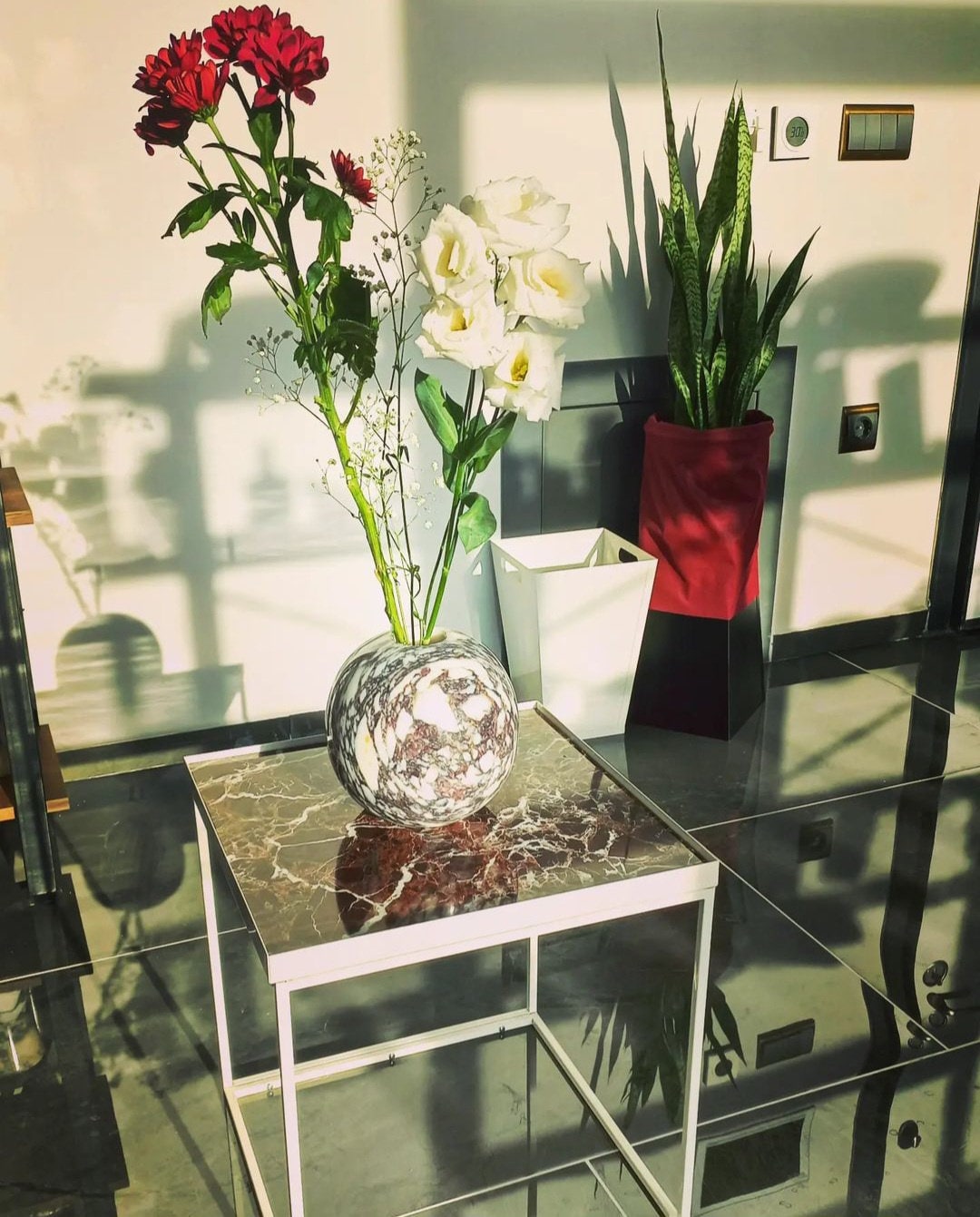 Planet Vase; Spherical Marble Vase, Natural Calacatta Viola