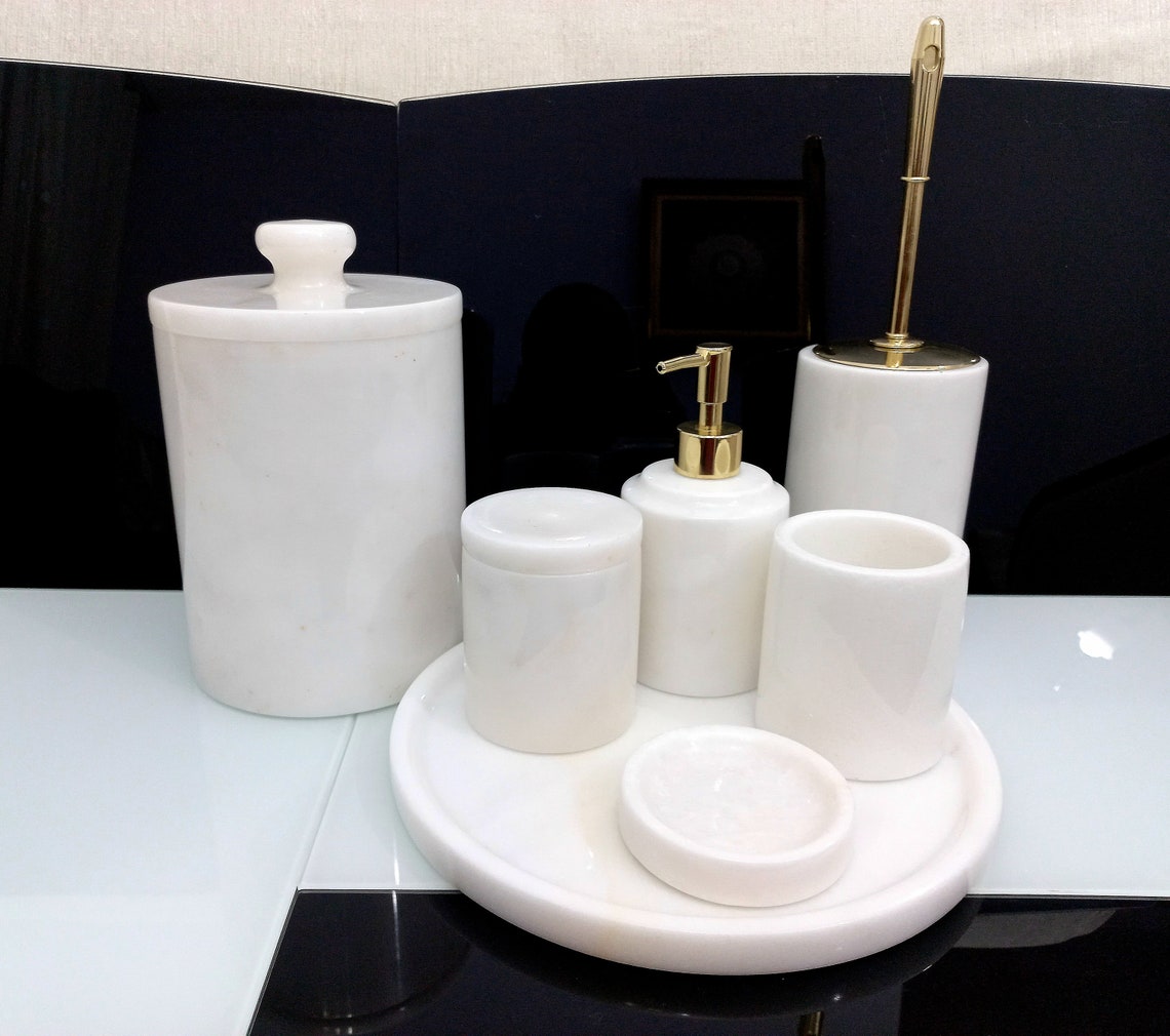 Natural Marble Bathroom Set 7 Pieces Pure White Marble Bath Etsy