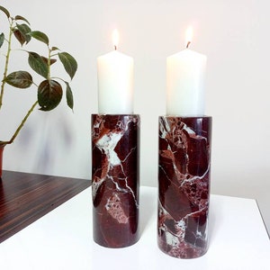 8" (20 cm) Natural marble candle holders, cylinder candle holders, rosso levanto marble candle holders, home gifts, gifts for her