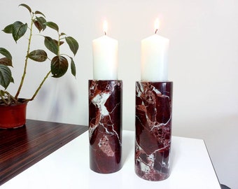 8" (20 cm) Natural marble candle holders, cylinder candle holders, rosso levanto marble candle holders, home gifts, gifts for her