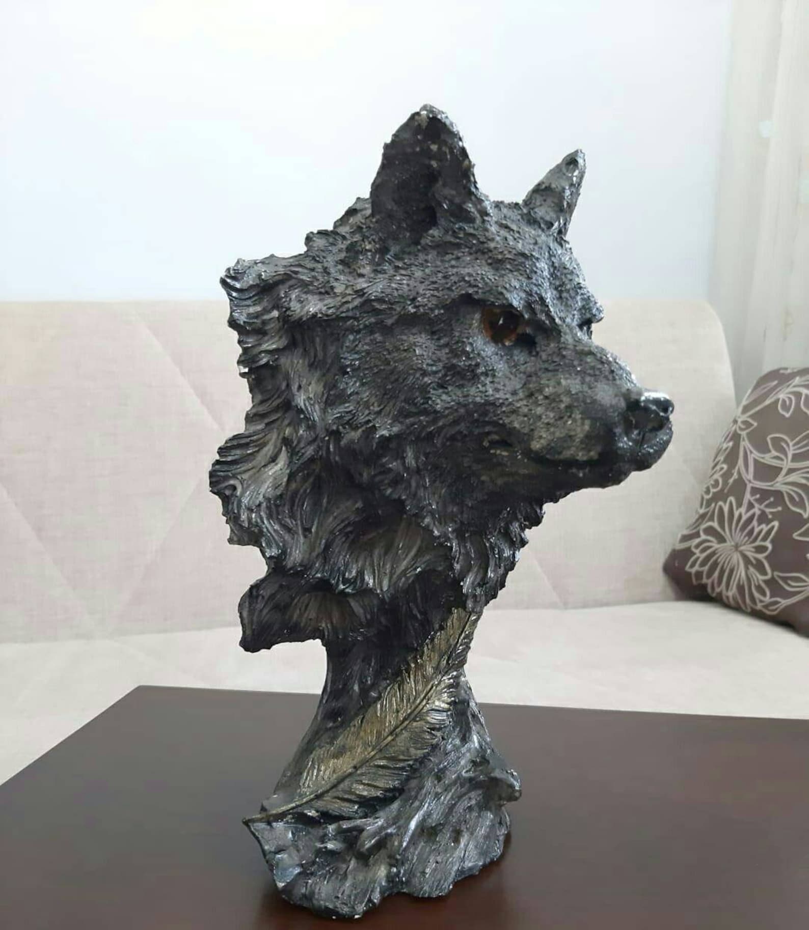 Black Wolf Statue 11in Height Stone Wolf Head Statuette Etsy