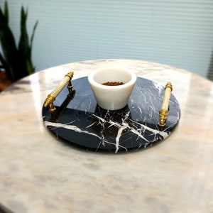 Natural marble tray, decorative tray with gold colored handles. Round, Black&White veined marble, home gifts, gifts for her, engagement tray