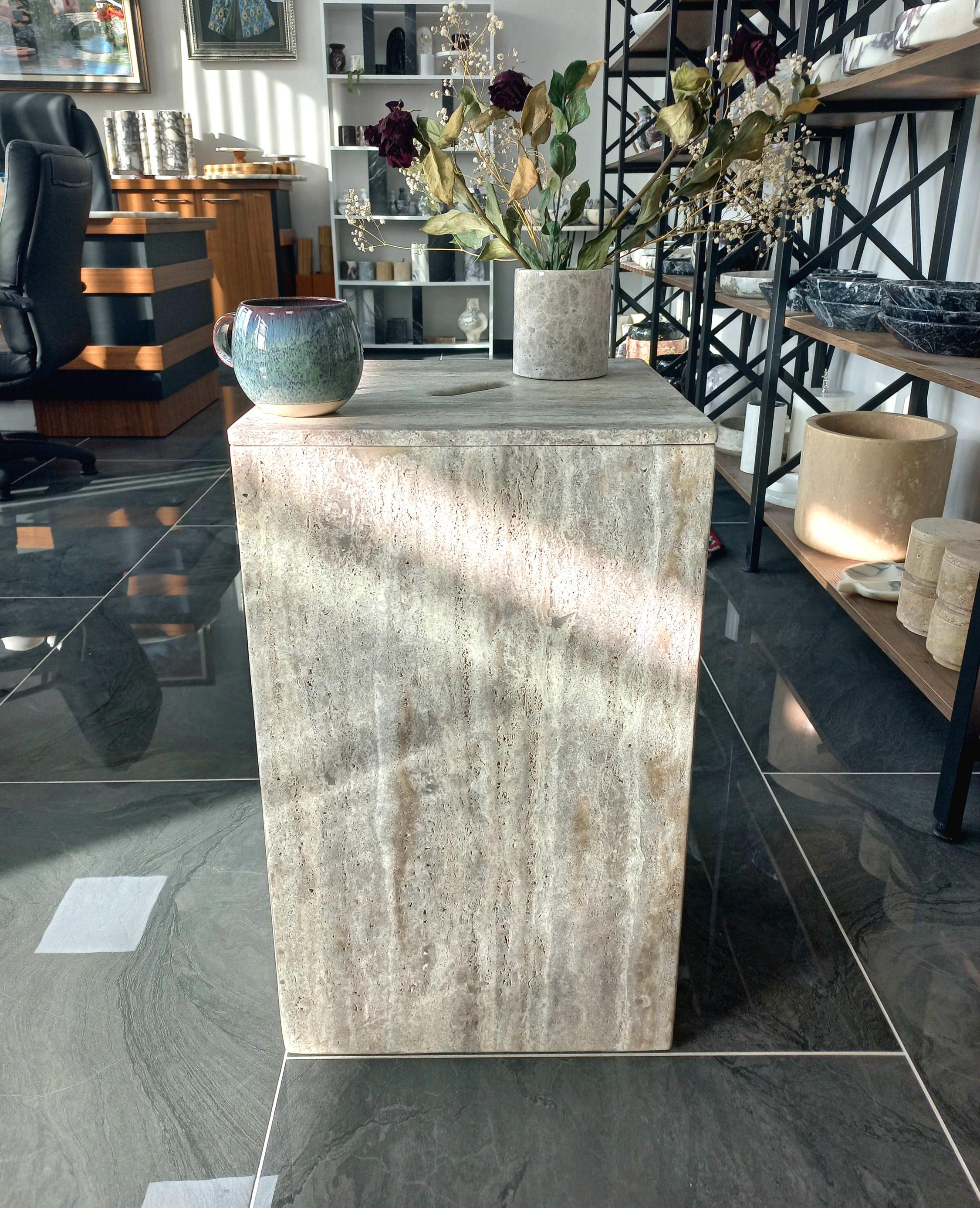 Silver Travertine Coffee Table: Bohemian Storage End Table with Lid