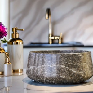 Emperador Dark Marble Sink: Round Veined Stone Countertop Basin