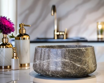 Emperador Dark Marble Sink: Round Veined Stone Countertop Basin