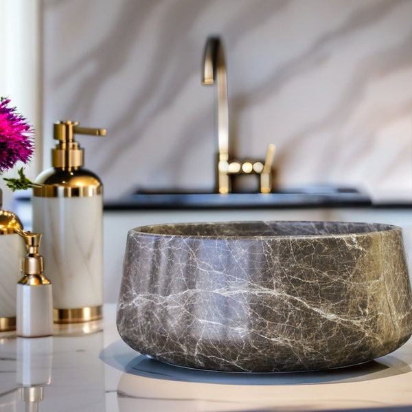 Natural Emperador Dark marble sink, round sink, genuine rich veined marble sink for bath, kitchen or powder room countertops
