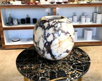 Handmade Calacatta Viola Marble Planter Vase: Spherical Garden Decor