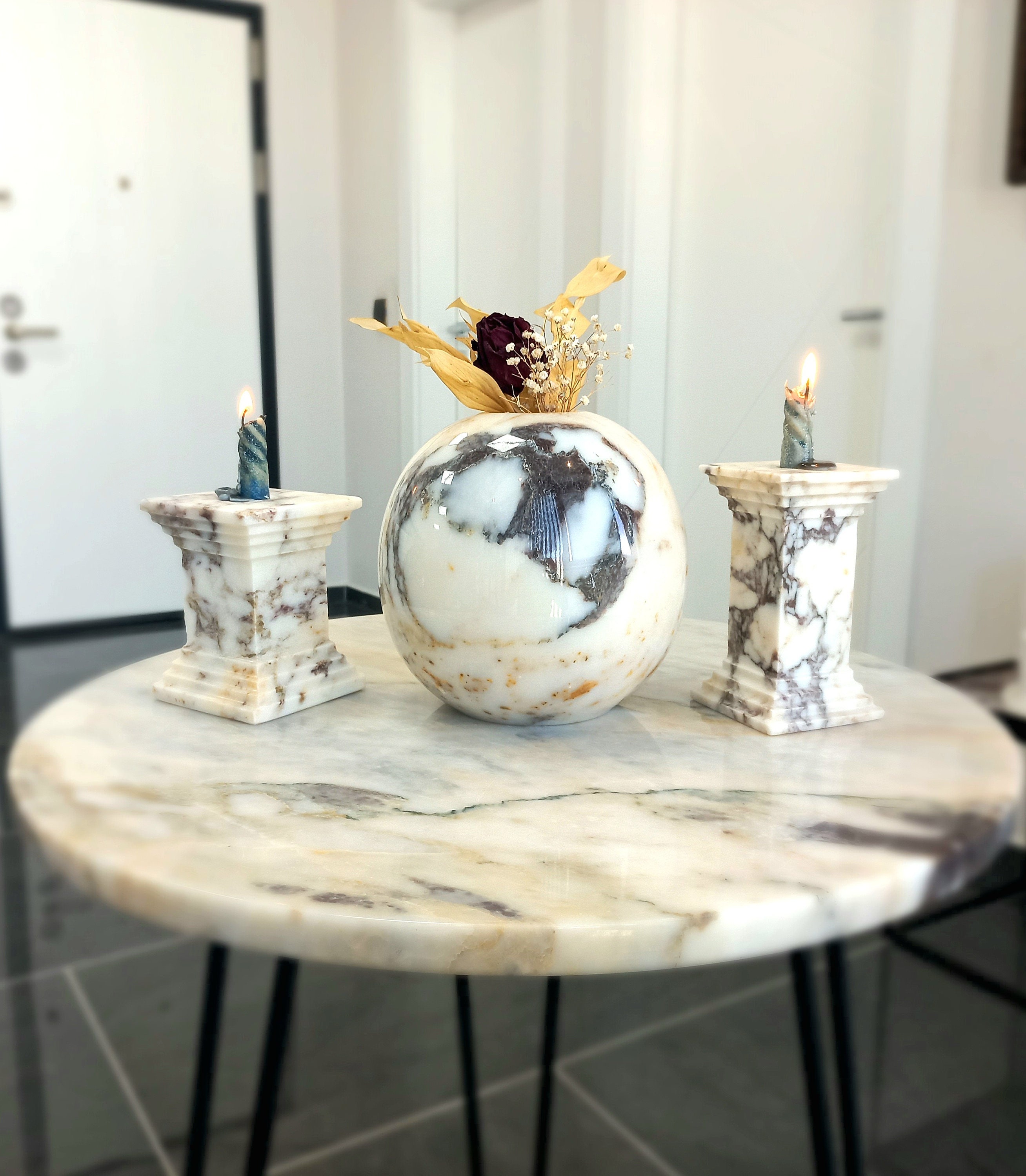 Planet Vase; Spherical Marble Vase, Natural Calacatta Viola