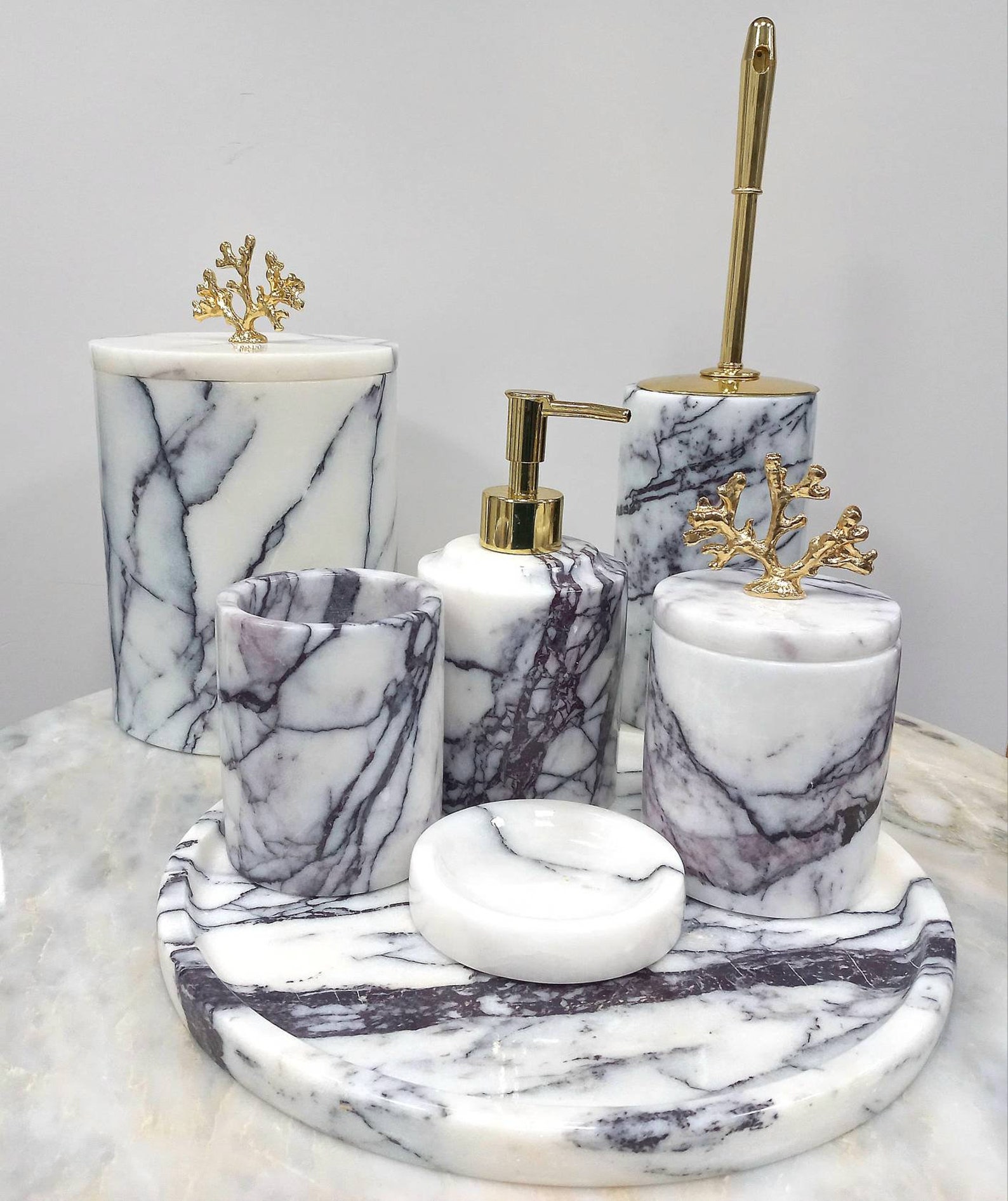 Natural Marble Bathroom Set 7 Pieces Lilacwhite Marble Bath Etsy