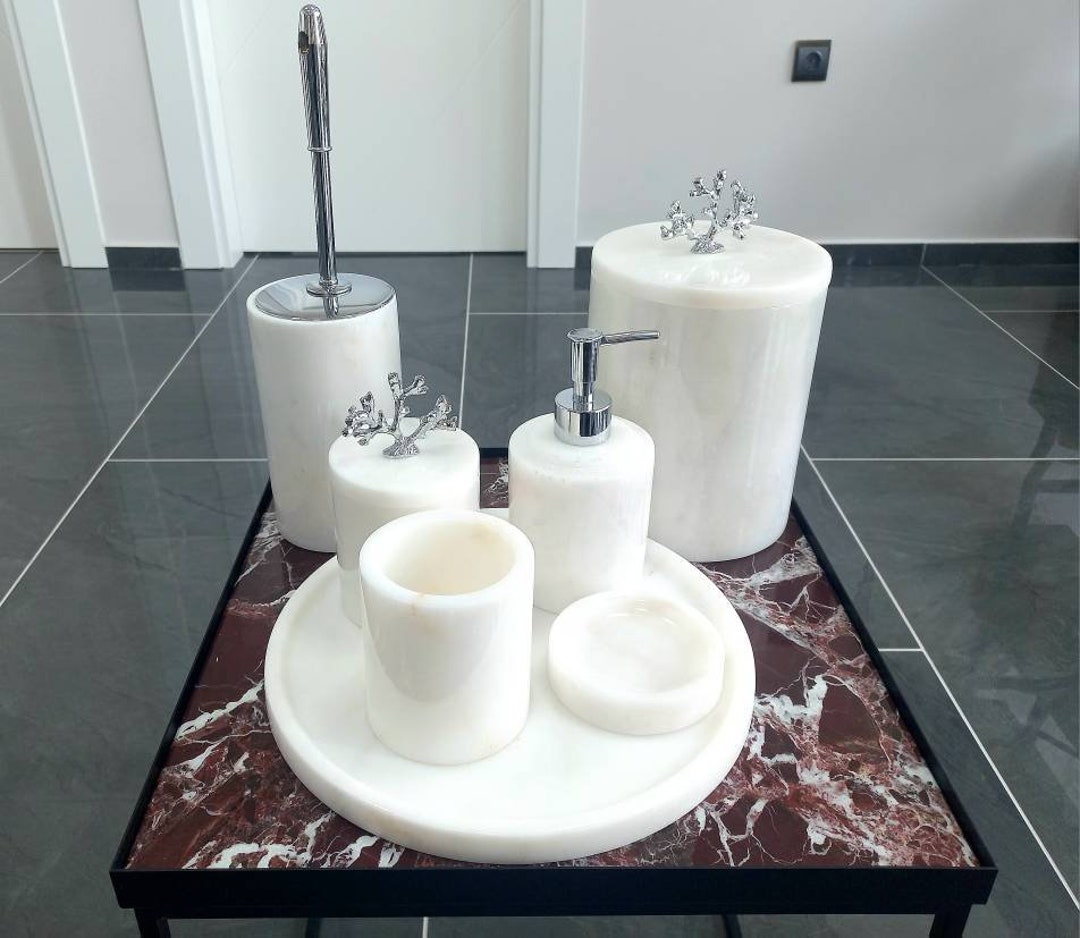 Natural Marble Bathroom Set, 7 Pieces, Pure White Marble Bath Set, Home