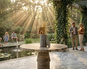 Silver Travertine Circular Table: Large Round Stone Pedestal