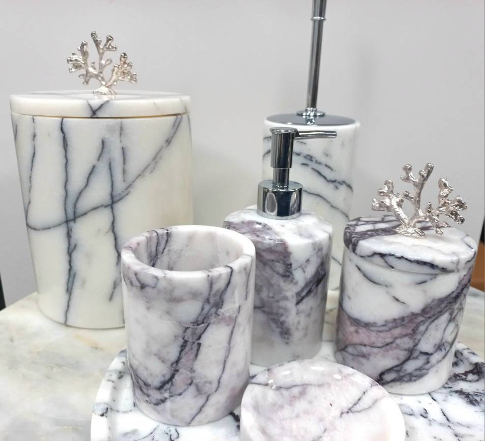 Natural Marble Bathroom Set 7 Pieces Lilacwhite Marble Bath Etsy