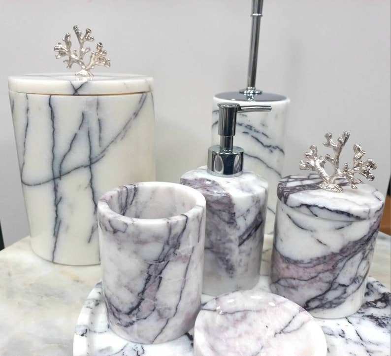 Natural Marble Bathroom Set 7 Pieces Lilacwhite Marble Bath Etsy