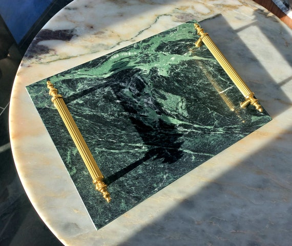 Verde Tinos Marble Tray: Green & White Veined, Gold Handles