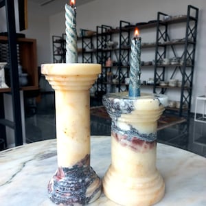 Natural marble candlestick holders, a set of 2, columnar candle holders, calacatta viola marble candle holders, home gifts, gifts for her