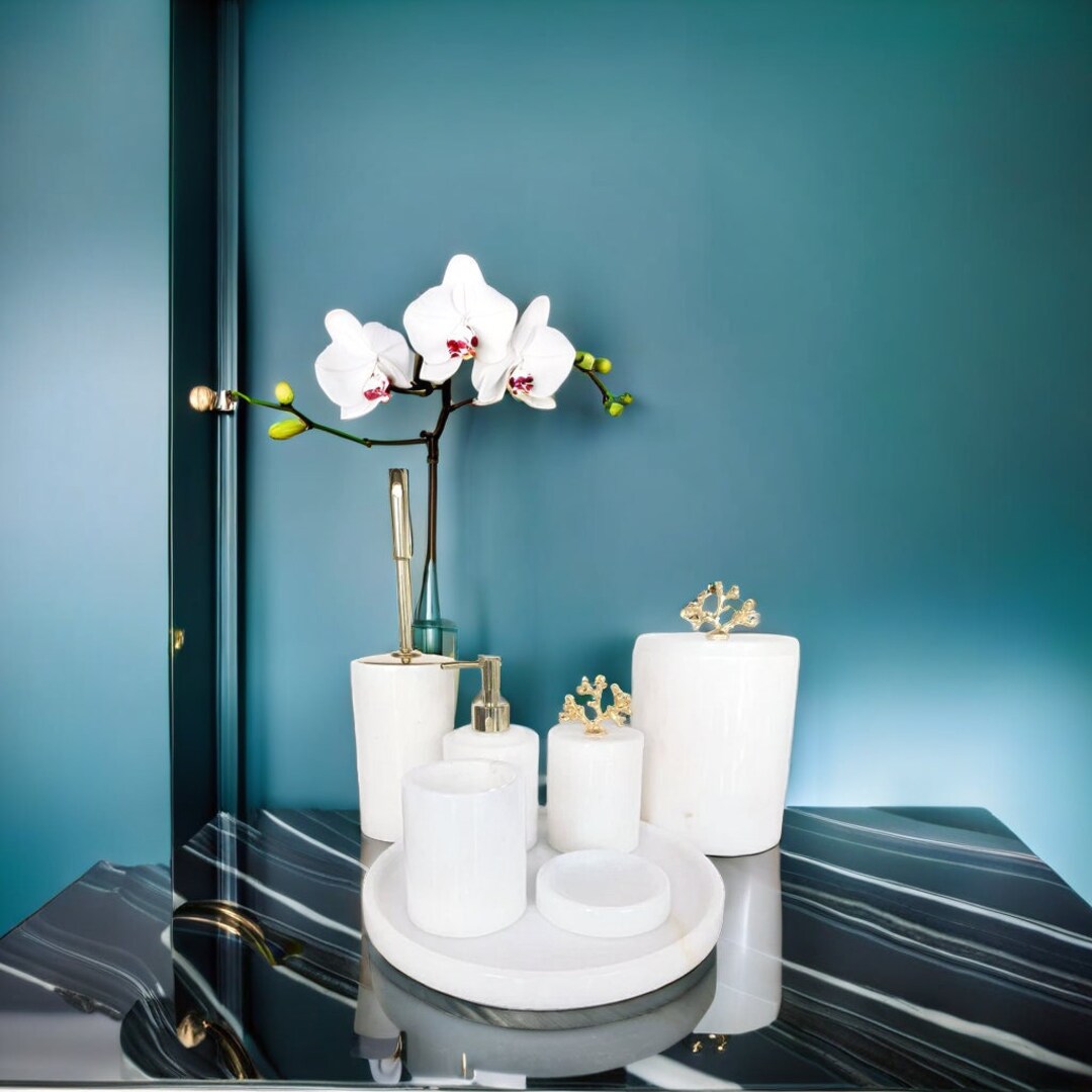 Natural Marble Bathroom Set, 7 Pieces, Pure White Marble Bath Set, Home ...