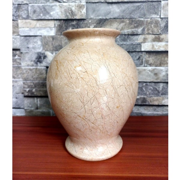 Natürliche Marmorvase, 18 cm hoch, beige-weiß gemasert, echte Marmorvase, runde Vase, Geschenk für Zuhause, Geschenke für Sie, Geschenke für Ihn