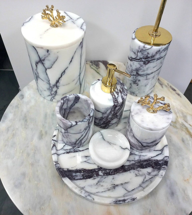 Natural Marble Bathroom Set 7 Pieces Lilacwhite Marble Bath Etsy