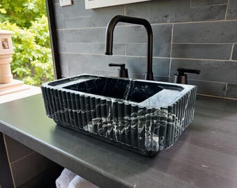 Fluted Black Marble Sink: Alexandrette Stone, Custom Design