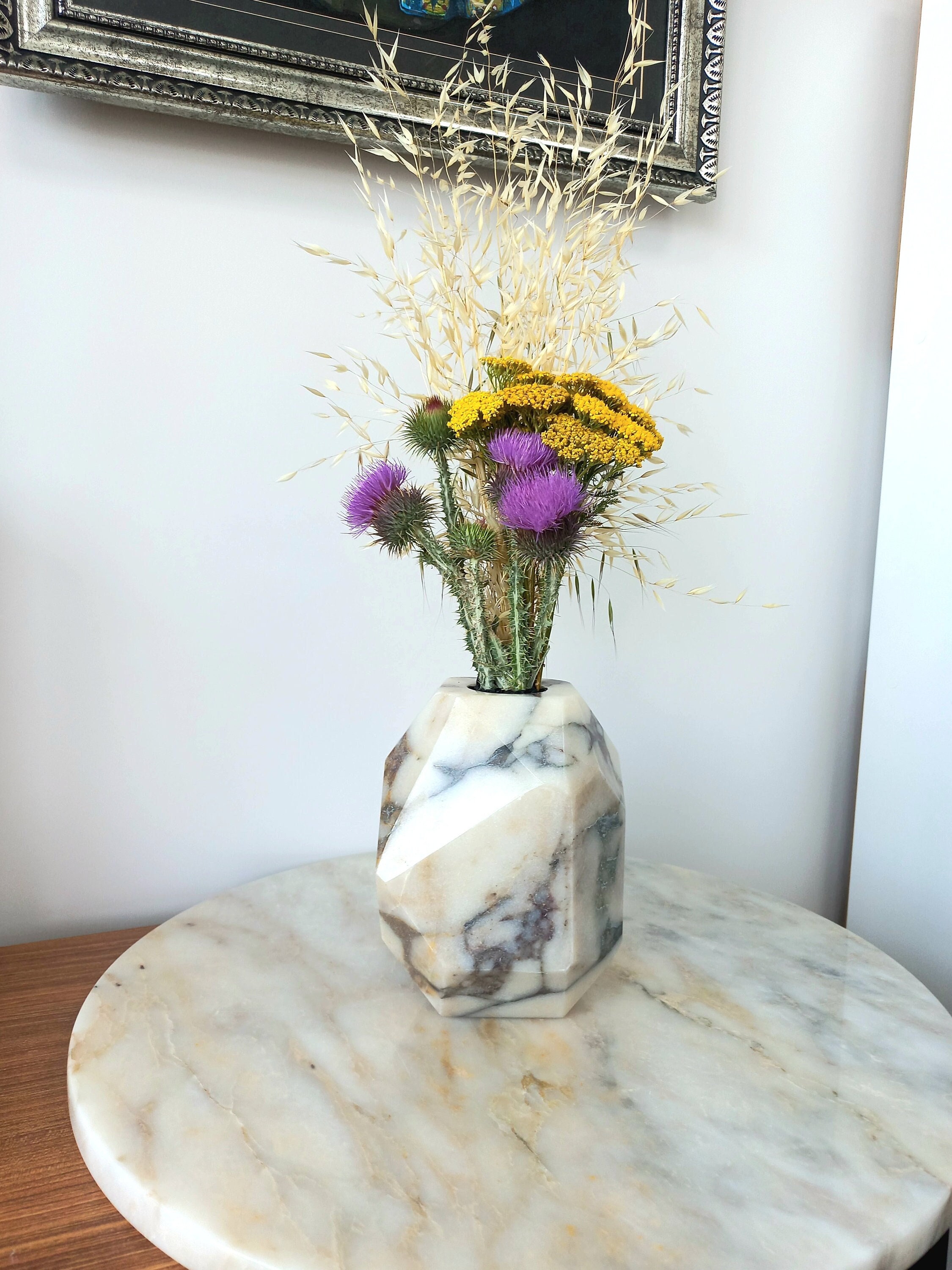 10 25 Cm Special Faceted Diamond Cut Marble Vase, Calacatta