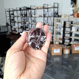 May include: A circular stone object, predominantly dark brown with white veining. The object is held in a hand, highlighting its size and texture. The stone has a marbled appearance, with a mix of dark and light colours.